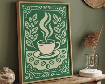 Pode incluir: Uma impressão de arte de café emoldurada em verde e creme. A obra de arte apresenta uma xícara de café fumegante, grãos de café e elementos botânicos. A impressão é exibida em uma prateleira de madeira com outros itens decorativos.