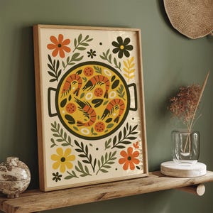 Spanish Paella Dish Art Print, Retro Kitchen Wall Decor, Culinary Poster, Mediterranean Food Poster Print, Farmhouse Dining Room Decoration