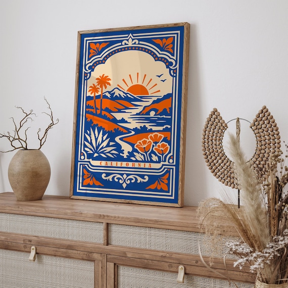 California Poster, Vintage Sunset Palm Tree Print, Bold Blue Orange Travel Wall Art