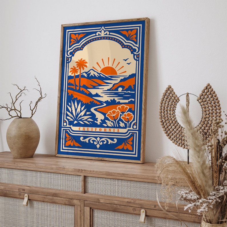 California Poster, Vintage Sunset Palm Tree Print, Bold Blue Orange Travel Wall Art image 1