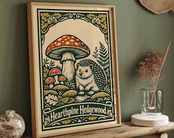 Póster Hearthpine Hedgewood, lámina artística vintage de erizo del bosque, decoración de estilo rústico.
