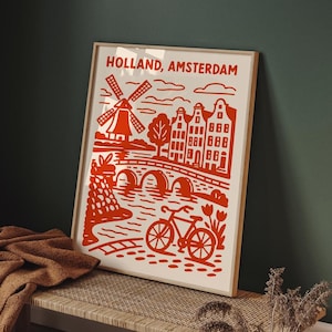 Holland Amsterdam Wall Art – Dutch Cityscape Poster with Windmill, Canal, Bicycle & Tulips – Vintage Netherlands Home Decor, Travel Gift