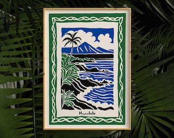 Honolulu Hawaii Art Print: Retro Tropical Island Coastal View