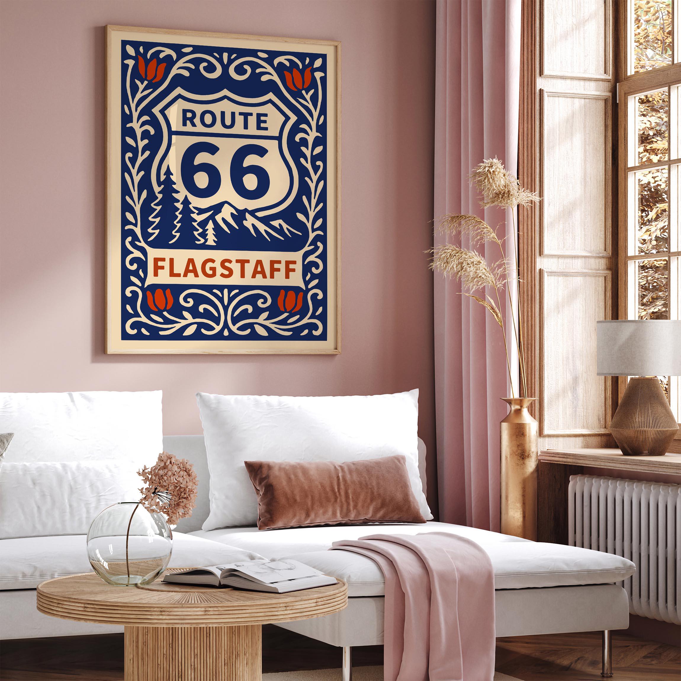 Route 66 Flagstaff Poster, Retro Travel Wall Art, Arizona Road