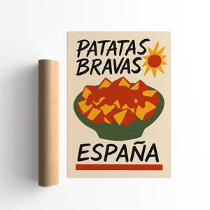 Patatas Bravas Spain Food Poster, Spanish Tapas Kitchen Wall Art, Retro Travel Spanish Cuisine Print, Mediterranean Decor for Food Lovers