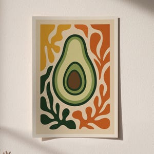 Retro Avocado Art Print, Mid Century Modern Kitchen Art, Abstract Botanical Poster, Neutral Fruit Illustration, Boho Home Accent Wall Decor
