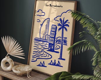Barcelona Beach Poster, La Barceloneta Art Print, Bold Coastal Illustration