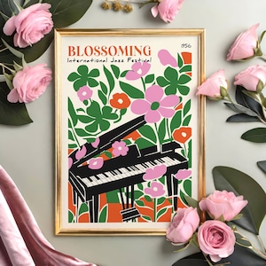 Colorful Jazz Festival Piano Art Print: Floral Music Poster