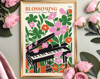 Colorful Jazz Festival Piano Art Print: Floral Music Poster