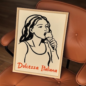 Dolcezza Italiana Print, Woman Eating Ice Cream Poster, Retro Italian Kitchen Wall Decor