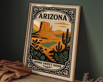 Vintage Arizona Desert Art Print, Southwest Home Decor