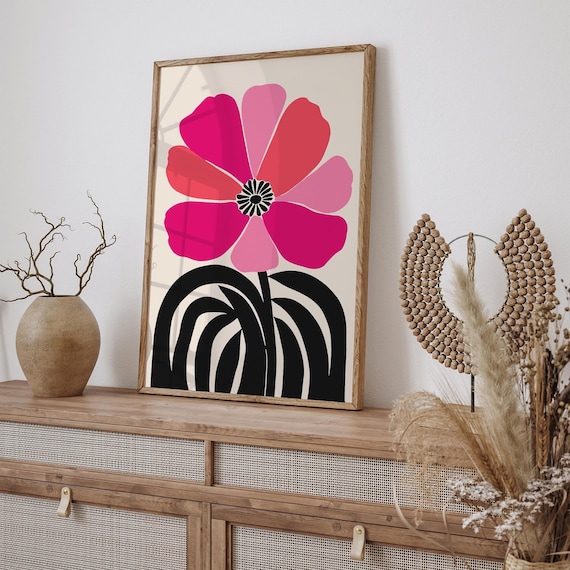 Pink Floral Art Print: Retro Flower Poster, Mid Century Modern