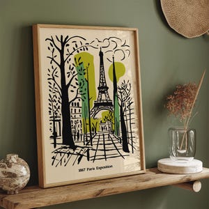 Paris Exposition Vintage Travel Poster, Paris Eiffel Tower Silhouette Art Print, Green France Landscape Wall Decor, French Airbnb Home Decor