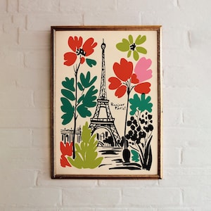 Bonjour Paris! Poster, Eiffel Tower Floral Print, Modern Botanical Art Print, Vibrant French Travel Wall Decor, Trendy Parisian Illustration