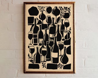 Vintage Wine Bottles Art Print: Modern Black & Beige Kitchen Decor