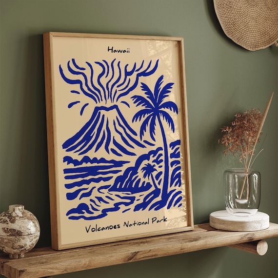 Hawaii Volcano Poster, Blue Ink Style Print, Tropical Landscape, Retro Travel Art