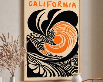 Retro California Wave Art Print: Mid-Century Modern Coastal Poster