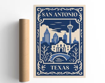 Póster de San Antonio, Texas: Impresión de viaje con paisaje urbano azul vintage