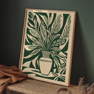Impresión de arte mural en linóleo con diseño botánico verde – Póster de jarrón floral – Decoración natural moderna para el hogar – Arte vegetal retro – Impresión estética bohemia de jungla