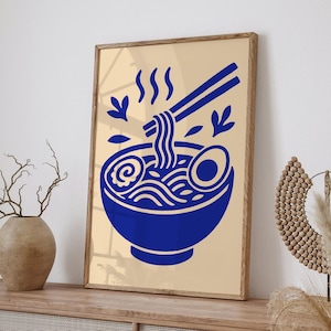 Ramen Noodle Soup Poster, Minimalist Blue Japanese Food Art Print, Modern Kitchen Wall Decor, Cute Noodle Bowl, Asian Cuisine Kitchen Poster