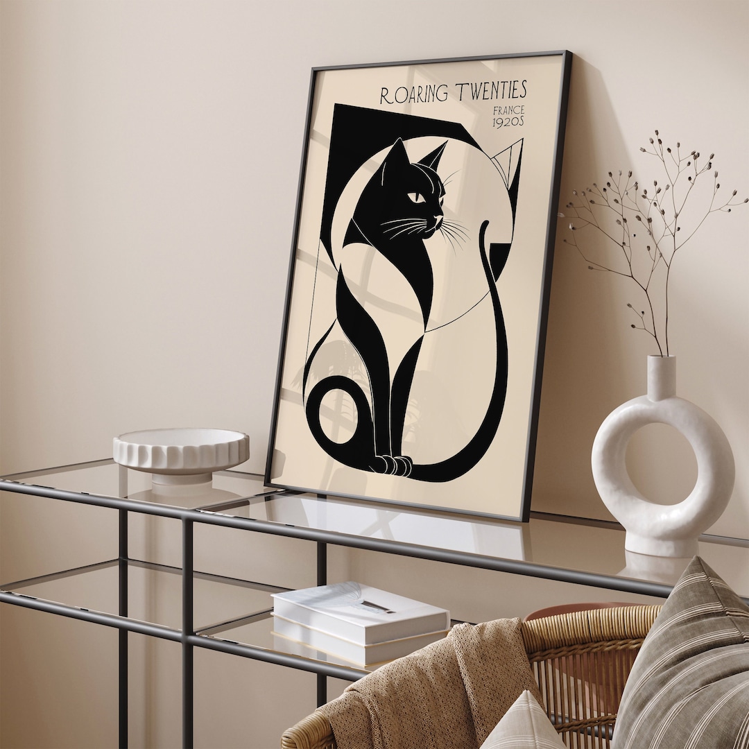 1920s Cat Art Print: Roaring Twenties Black and White Illustration