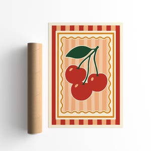 Retro Cherries Print, Fruit Kitchen Wall Art, Mid-Century Modern Cherry Poster, Colorful Farmhouse Decor, Kitchen Poster, Cherry Wall Art