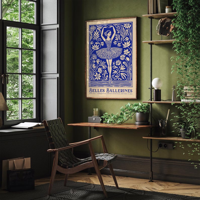 May include: A blue and white poster with a ballerina dancing in a field of flowers. The poster says "Belles Ballerines" at the bottom.
