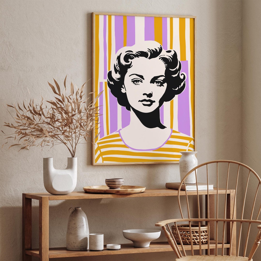 Retro Woman Portrait Art Print, Bold Yellow, Lavender, and Black Pop ...