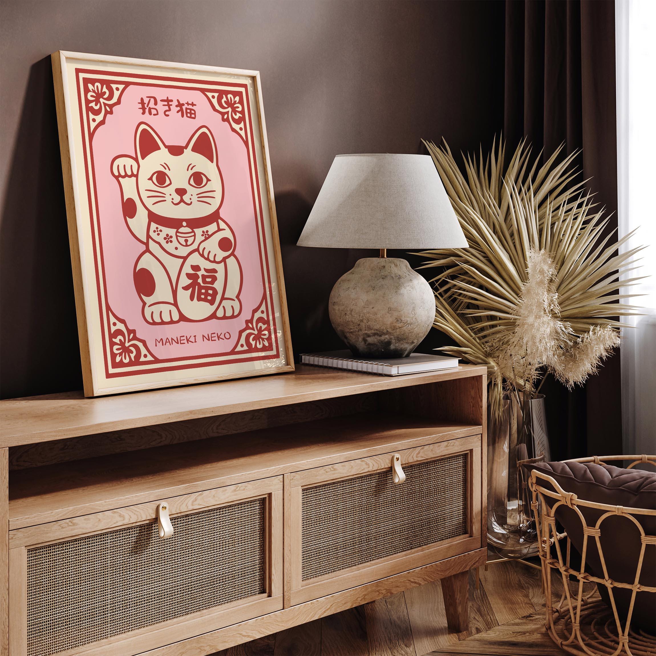 Maneki Neko Lucky Cat Poster | Japanese Fortune Cat Wall Art | Pink Red ...