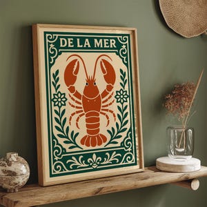 De La Mer Red Lobster Art Print, French Coastal Kitchen Wall Decor, Nautical Seafood Poster, Vintage Lobster Illustration for Dining Room