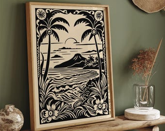 Tropical Beach Sunset Print: Hawaii Palm Tree, Ocean Wave Art