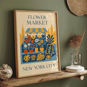 Flower Market Poster, New York City Wall Art, Botanical Illustration, Retro Floral Print, NYC Art Print, Modern Boho Home Decor