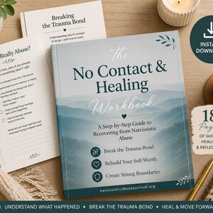 May include: A workbook titled "The No Contact & Healing Workbook" with a blue and white cover, alongside two other workbooks and a notepad. The main workbook is a step-by-step guide to recovering from narcissistic abuse. The image also includes a cup of coffee and a lit candle.