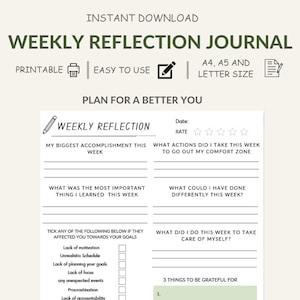 Weekly Reflections Review , Weekly Reflection Journal, Weekly Reflection, Weekly Review, A5 PDF Instant Download