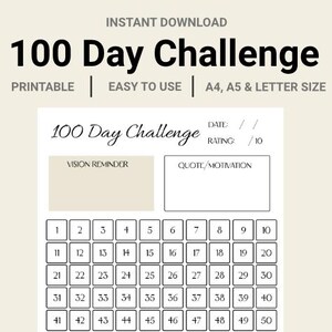 100 Day Challenge - Printable Progress Tracker, Goal Planner printable, Habit Goal Planner, Habit tracker, Instant Download PNG