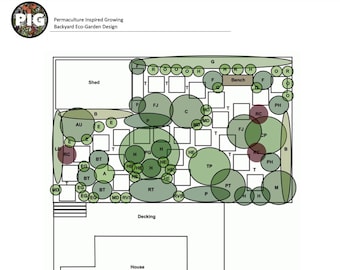 Ekoträdgård för bakgården - förplanerad permakulturträdgårdsdesign, matskog, ätbar landskapsarkitektur, sällskapsplantering, regenerativt system, träd