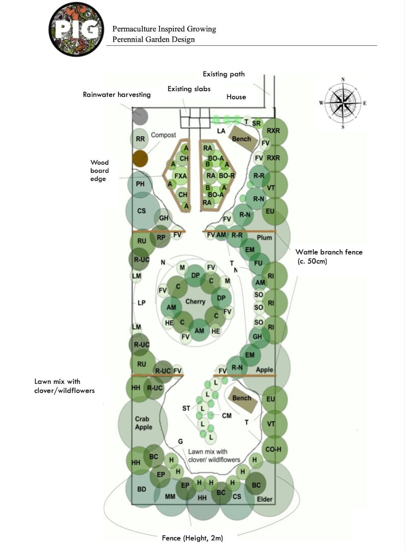 Flerårig trädgård - färdig trädgård, färdig permakulturdesign, ekolandskap, hållbar bakgård, regenerativ, blomstrande medveten bild 1