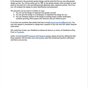 May include: A document titled "How to use this document" from Permaculture Inspired Growing, offering cottage garden design services. The text explains how to use the design, including plant identification and placement, and provides contact information.
