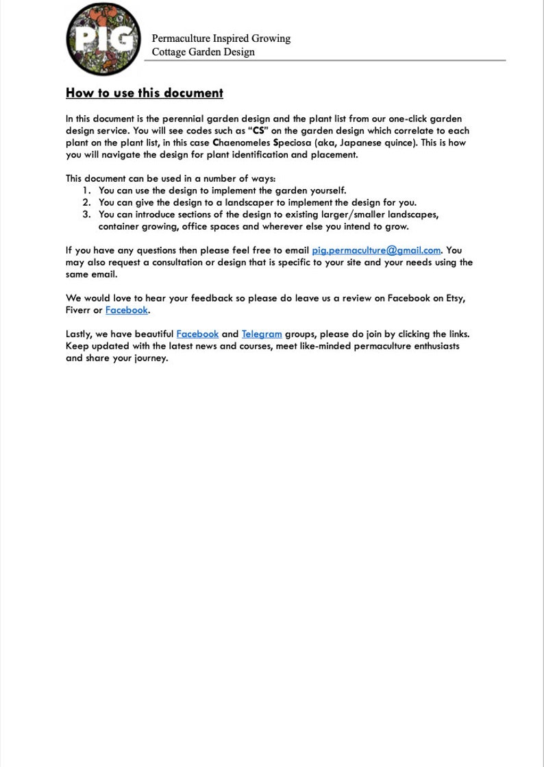 May include: A document titled "How to use this document" from Permaculture Inspired Growing, offering cottage garden design services. The text explains how to use the design, including plant identification and placement, and provides contact information.