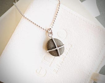 Custom Grey Beach Pebble Pendant in Sterling Silver on 18 inch Necklace