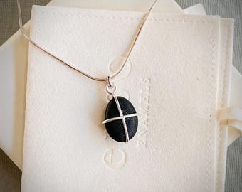 Custom Black Beach Pebble Pendant in Sterling Silver on 18 inch Necklace