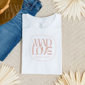 White Bella Canvas 3001 Folded Mockup, Boho Flat Lay Tshirt Mock-up, Bella and Canvas Folded T-shirt Flatlay Mockup, Bella Canvas White