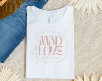 White Bella Canvas 3001 Folded Mockup, Boho Flat Lay Tshirt Mock-up, Bella and Canvas Folded T-shirt Flatlay Mockup, Bella Canvas White