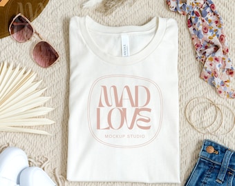 Natural Bella Canvas 3001 Folded Mockup, Boho Flat Lay Tshirt Mock-up, Bella and Canvas Folded T-shirt Flatlay Mockup, Bella Canvas Natural