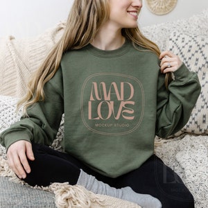 Gildan 18000 Military Green Sweatshirt Mockup | G180 Military Green Crewneck Mockup | Model Mockup | Gildan 18000 Military Green Mockup