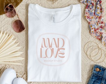 White Bella Canvas 3001 Folded Mockup, Boho Flat Lay Tshirt Mock-up, Bella and Canvas Folded T-shirt Flatlay Mockup, Bella Canvas White