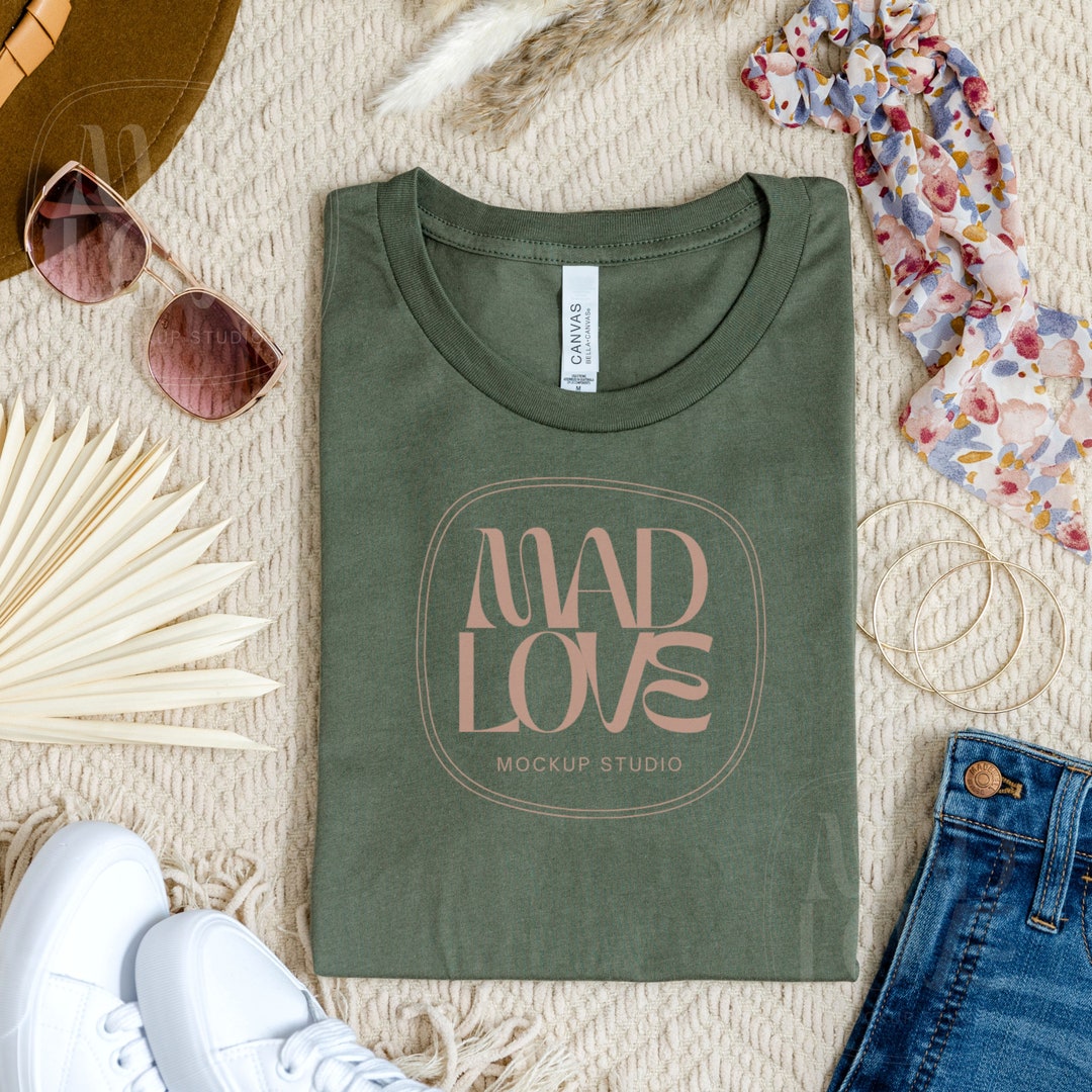 Military Green Bella Canvas 3001 Folded Mockup, Boho Flat Lay Tshirt ...