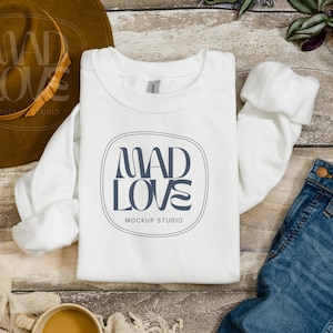 Gildan 18000 White Mockup Gildan White Sweatshirt Flat Lay Mockup Model Mockup White Gildan 18000 Mockup Bundle Gildan 18000 White