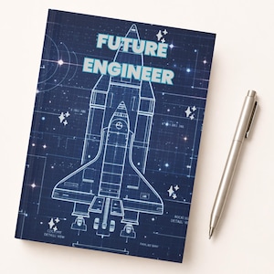 May include: A navy blue notebook with a blueprint-style illustration of a space shuttle and the words "FUTURE ENGINEER" in white. A silver pen rests beside the notebook on a white surface.