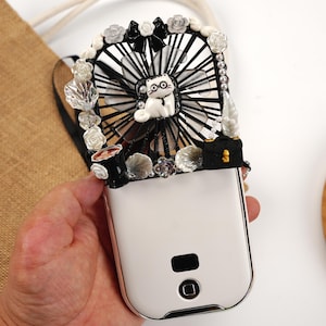 Handmade 3-in-1 Foldable Fan Phone Stand Power Bank 180 Degree Adjustable 3000mAh Rechargeable Black White Cartoon Design